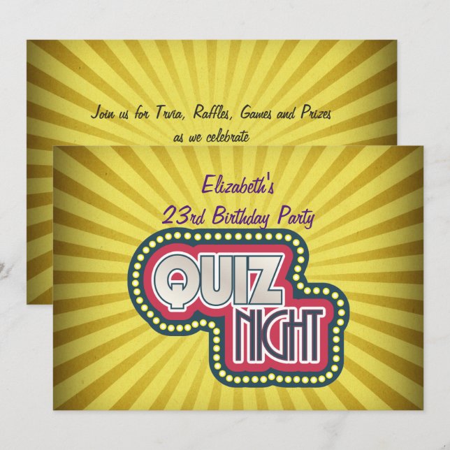 Invitation Quiz Nuit AnniversaireTrivia Party Jaune Sunburst (Devant / Derrière)