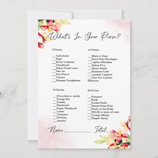 Invitation Quoi de neuf dans votre sac à main Fête des mariée (Devant)