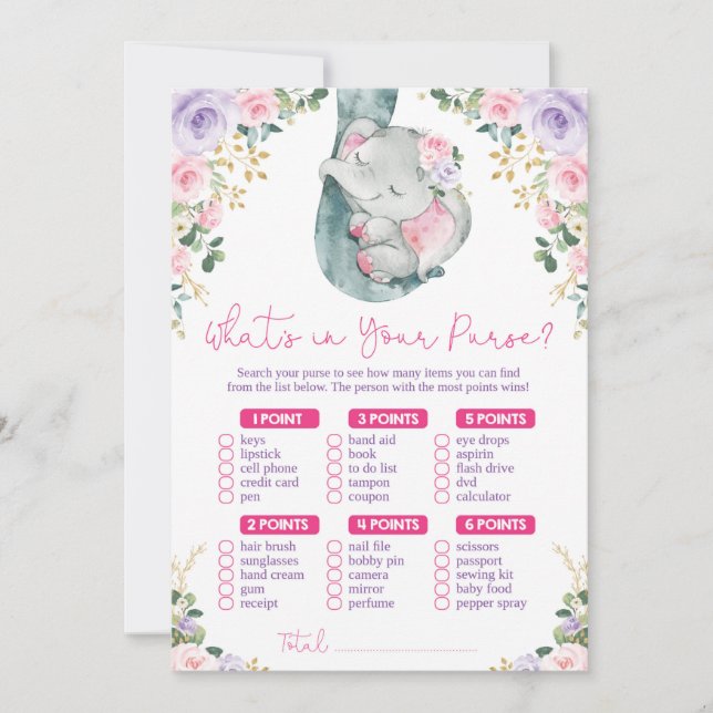 Invitation Qu'y a-t-il dans votre jeu Baby shower Eléphant Pu (Devant)