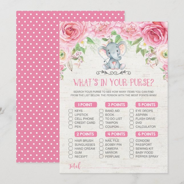 Invitation Qu'y a-t-il dans votre jeu Baby shower Eléphant Pu (Devant / Derrière)