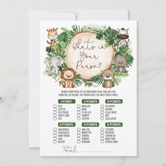 Invitation Qu'y a-t-il dans votre sac Jungle Baby shower Game (Devant)