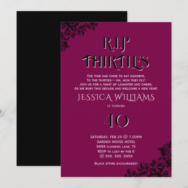 Invitation R.I.P. Thirties, Gothic 40th Birthday  (Devant / Derrière)