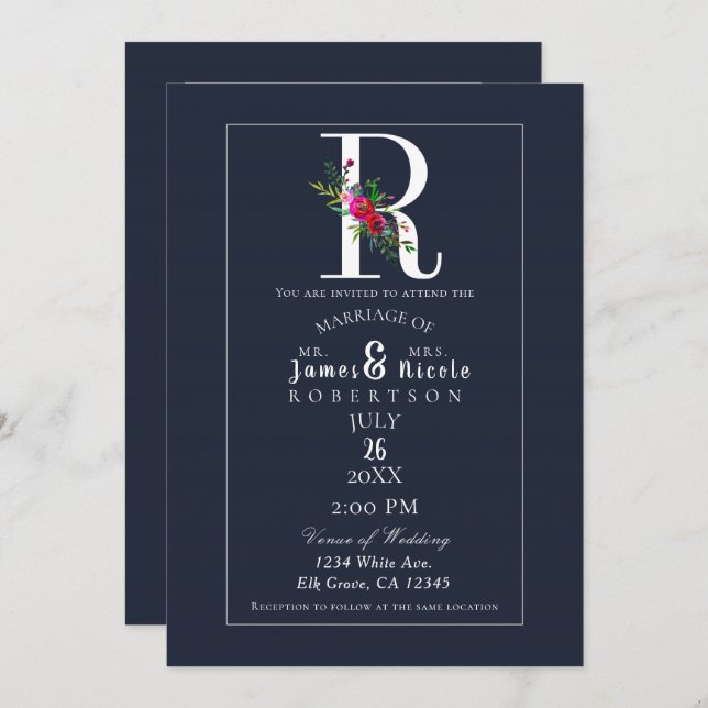 Invitation R Monogramme Dernier initial bleu Floral Mariage (Devant / Derrière)