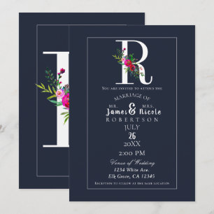 Invitation R Monogramme Dernière Initiale Moderne Fleurs Bleu