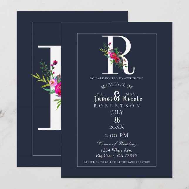Invitation R Monogramme Dernière Initiale Moderne Fleurs Bleu (Devant / Derrière)