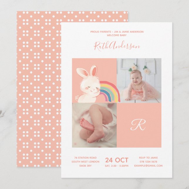 Invitation Rabbit ・ Alphabet Monogramme Baby shower mignon (Devant / Derrière)