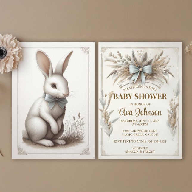 Invitation Rabbit Pastel Boho (An elegant spring bunny rabbit design with boho florals in pale blue, taupe and ivory. )