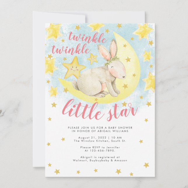 Invitation Rabbit rose Gold Twinkle petit Baby shower étoile (Devant)