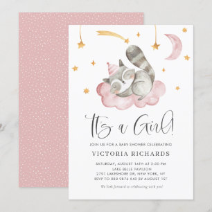 Invitation Raccoon dormant rose C'est un Baby shower de fille