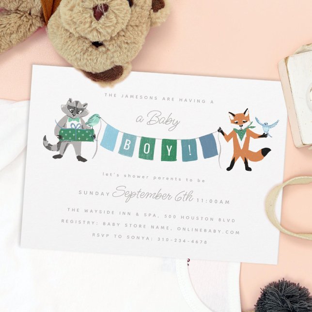 Invitation Raccoon Fox Forest Friends Boy Blue Baby shower (Créateur téléchargé)