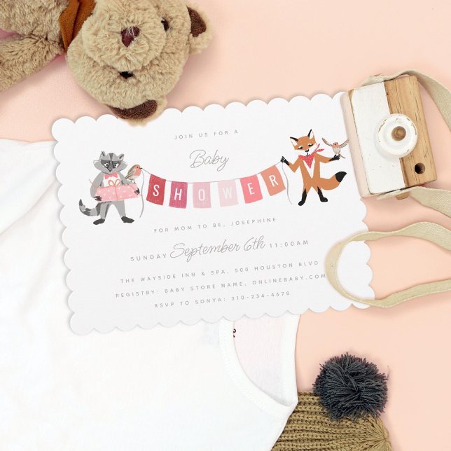 Invitation Raccoon Fox Forest Friends Pink Baby shower (Créateur téléchargé)