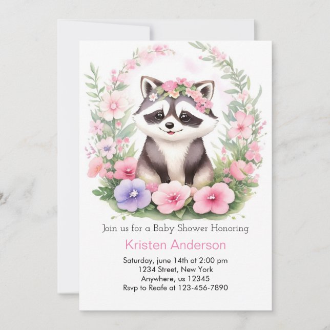 Invitation Raccoon Watercolor Wonderland Girl Baby shower (Devant)