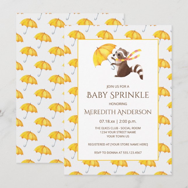 Invitation Raccoon Whimsical Parapluies Jaunes Bébé Parachute (Devant / Derrière)