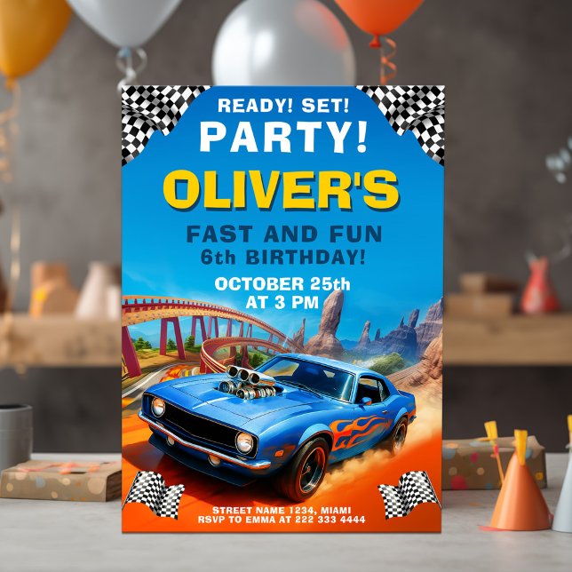 Invitation Race Car Anniversaire, Blue Muscle Car Party (Créateur téléchargé)