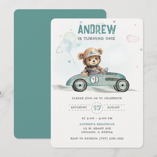 Invitation Race Car Bébé Ours 1er anniversaire (Devant / Derrière)