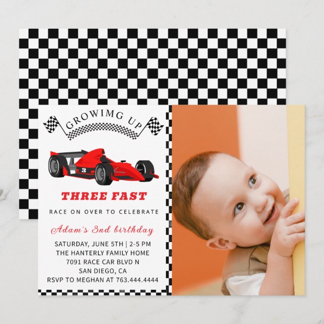 Invitation Race Car Birthday Invite – 3rd Birthday Boy (Devant / Derrière)