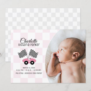 Invitation Race Car Checker Drapeau Naissance avec Photo Rose