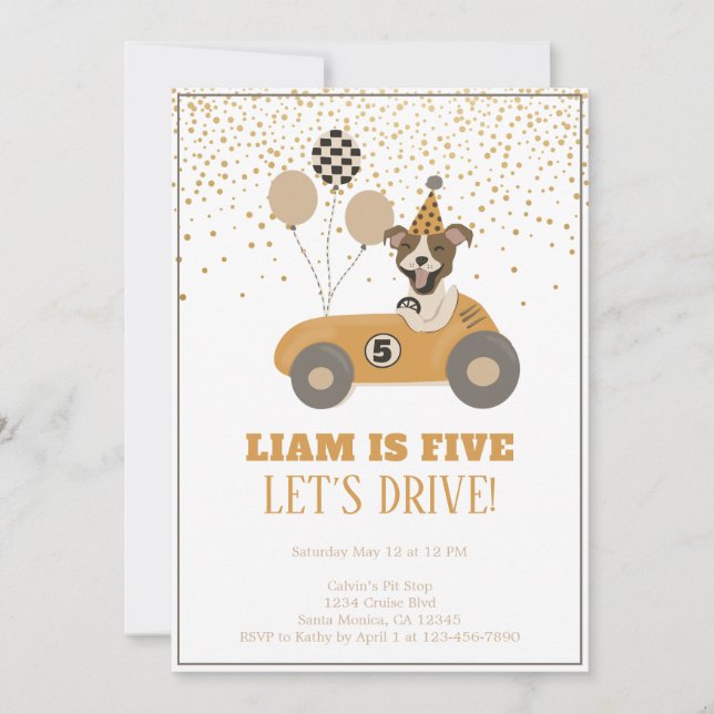Invitation Race Car Chiens Boys Cinquième fête d'anniversaire (Devant)