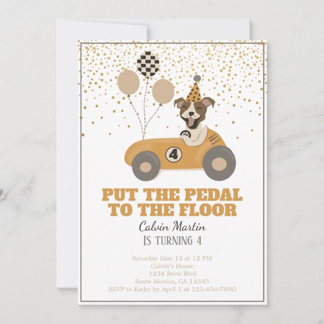 Invitation Race Car Chiens Boys Quatrième fête d'anniversaire (Devant)