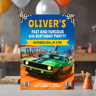 Invitation Race Car fête d'anniversaire avec Green Muscle Car