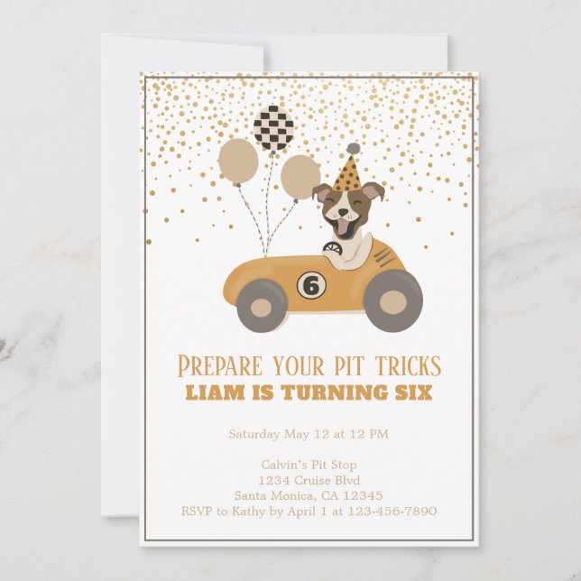 Invitation Race Car Pit Chien Boys Sixième fête d'anniversair (Devant)