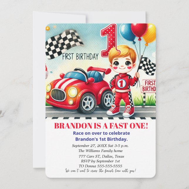 Invitation Race On Over Red Car 1st Birthday Boy Kids (Devant)