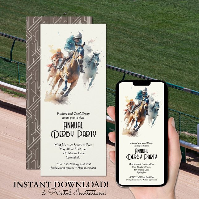 Invitation Racehores et Jockeys Brown Derby Party (Racehorses and Jockeys Derby Party Invitations - INSTANT DOWNLOAD and/or PRINTED or both!)