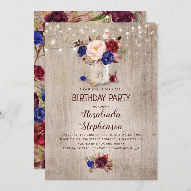 Invitation Radial Floral Mason Jar Rustique Anniversaire (Devant / Derrière)