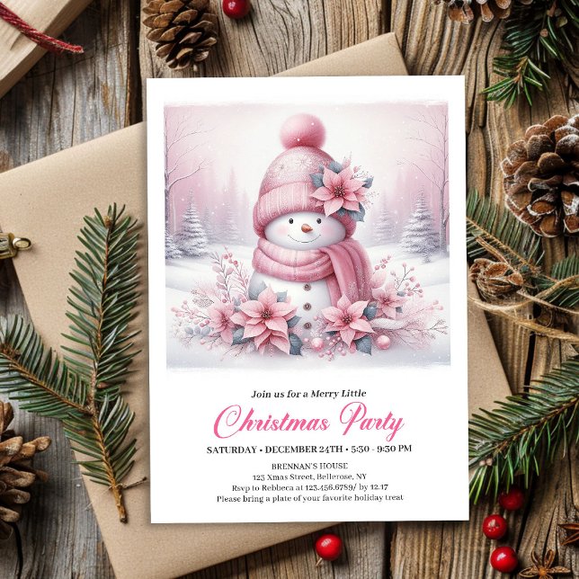 Invitation Radiant Pink Coquette Snowman Kids Christmas  (Radiant Pink Coquette Snowman Kids Christmas Invite File)