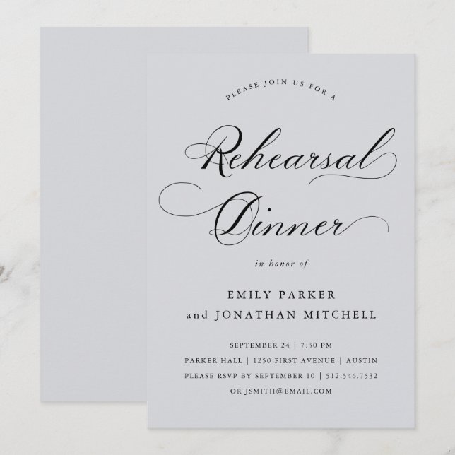 Invitation Raffiné | Calligraphie Soft Grey Dîner de répétiti (Devant / Derrière)