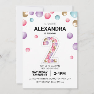 Invitation Rainbow 2e fête d'anniversaire, fille en ballon ro
