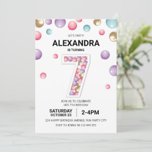 Invitation Rainbow 7th Birthday Party, fille en ballon rose