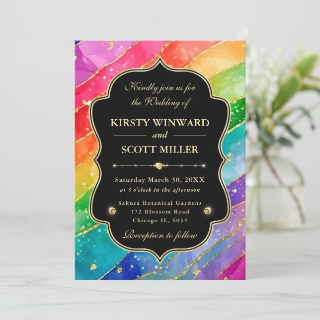 Invitation Rainbow Alcohol Ink Gold Glitter Wedding (Debout devant)