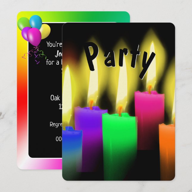 Invitation Rainbow Anniversaire Bougies Sur Noir (Devant / Derrière)