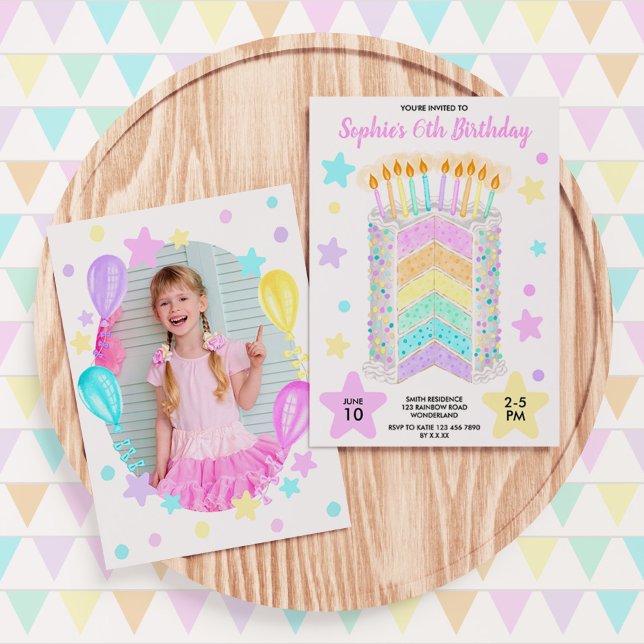 Invitation Rainbow Anniversaire Gâteau De Fête Avec Photo Pou (Girls' Rainbow Cake Birthday Invitation)