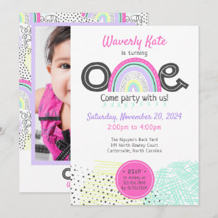 Invitation Rainbow Baby Girl 1er anniversaire Kawaii Doodle P