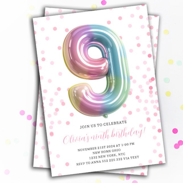 Invitation Rainbow Balloon 9th Birthday Girl Party Numéro (9th Birthday Invitation Balloon Rainbow)