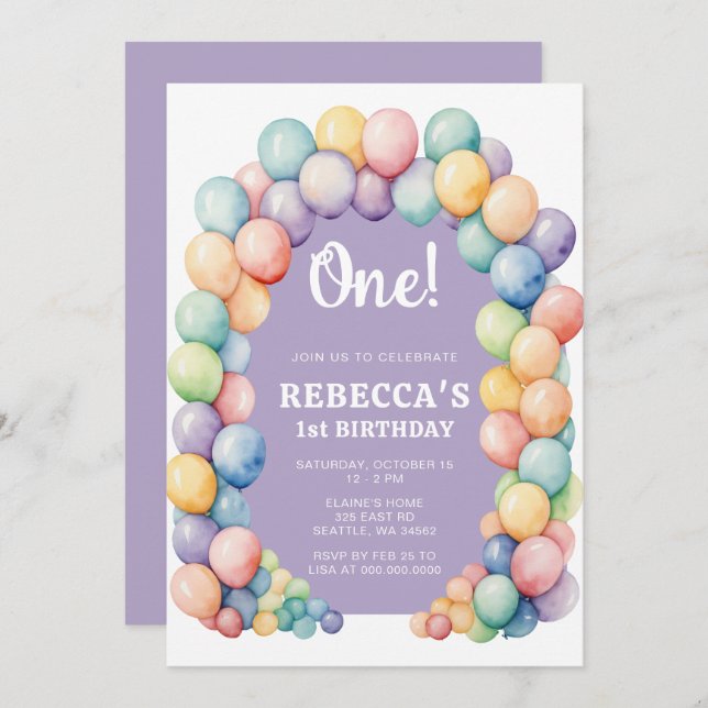 Invitation Rainbow Balloon Arch Any Age Birthday (Devant / Derrière)