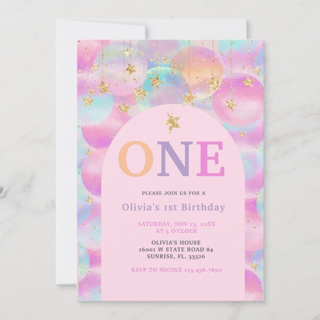 Invitation Rainbow Balloon rose Arche 1er anniversaire (Devant)