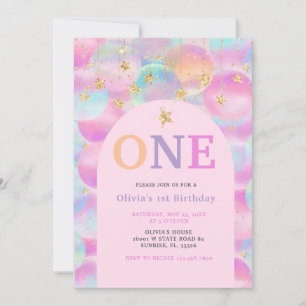 Invitation Rainbow Balloon rose Arche 1er anniversaire