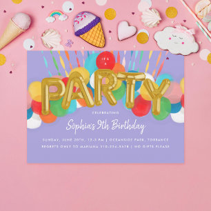 Invitation Rainbow Balloons Enfants violet fête d'anniversair