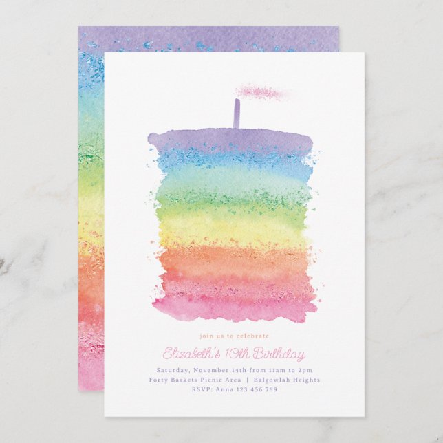 Invitation Rainbow Birthday Cake Invitation, Rainbow 1st Part (Devant / Derrière)