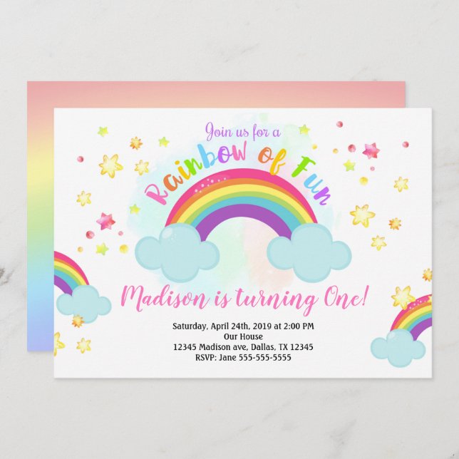Invitation Rainbow Birthday Invitation, Rainbow of Fun Invita (Devant / Derrière)