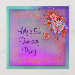 Invitation Rainbow Butterfly Girls 5th Birthday Party