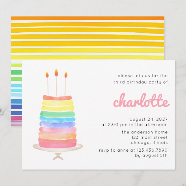 Invitation Rainbow Cake Anniversaire de enfant Party (Devant / Derrière)
