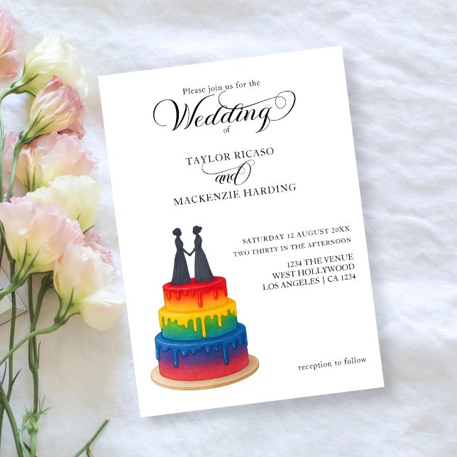 Invitation Rainbow cake et élégant script gay mariage (Rainbow cake and elegant script gay wedding invitation by Ricaso. Exclusive to Zazzle.)