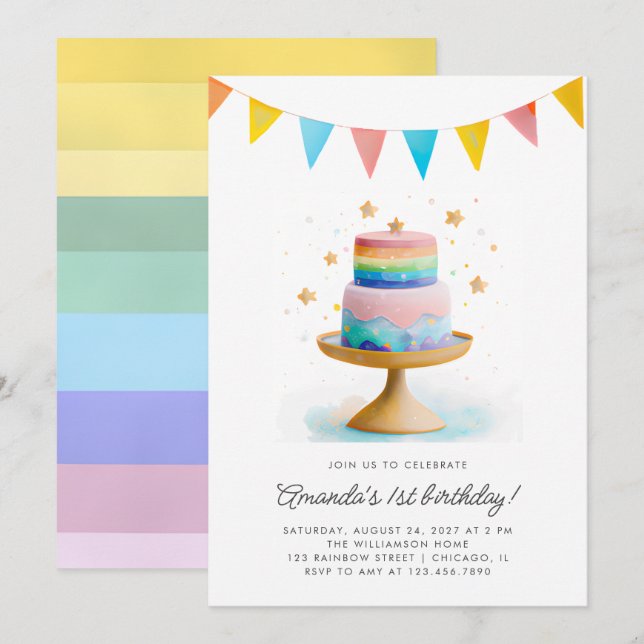 Invitation Rainbow Cake et Stars Premier anniversaire (Devant / Derrière)