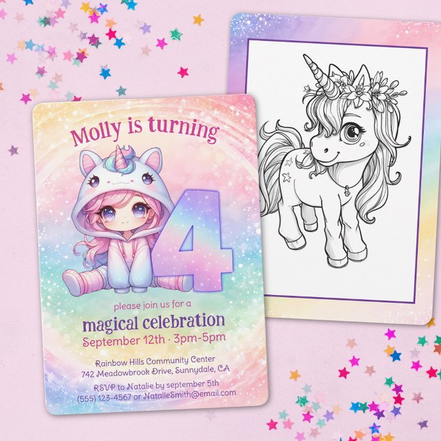Invitation Rainbow chibi fille, Unicorn 4e anniversaire (Créateur téléchargé)
