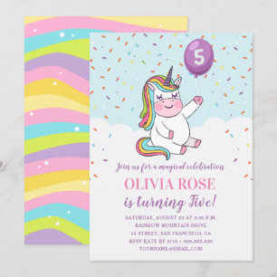 Invitation Rainbow Confetti Cute Rose Unicorne fête d'anniver