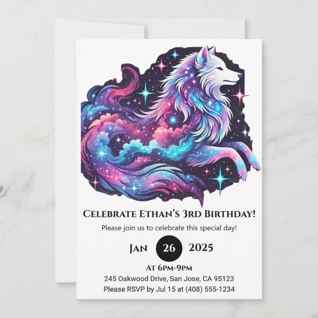 Invitation Rainbow Cosmic Wolf Birthday (Devant)